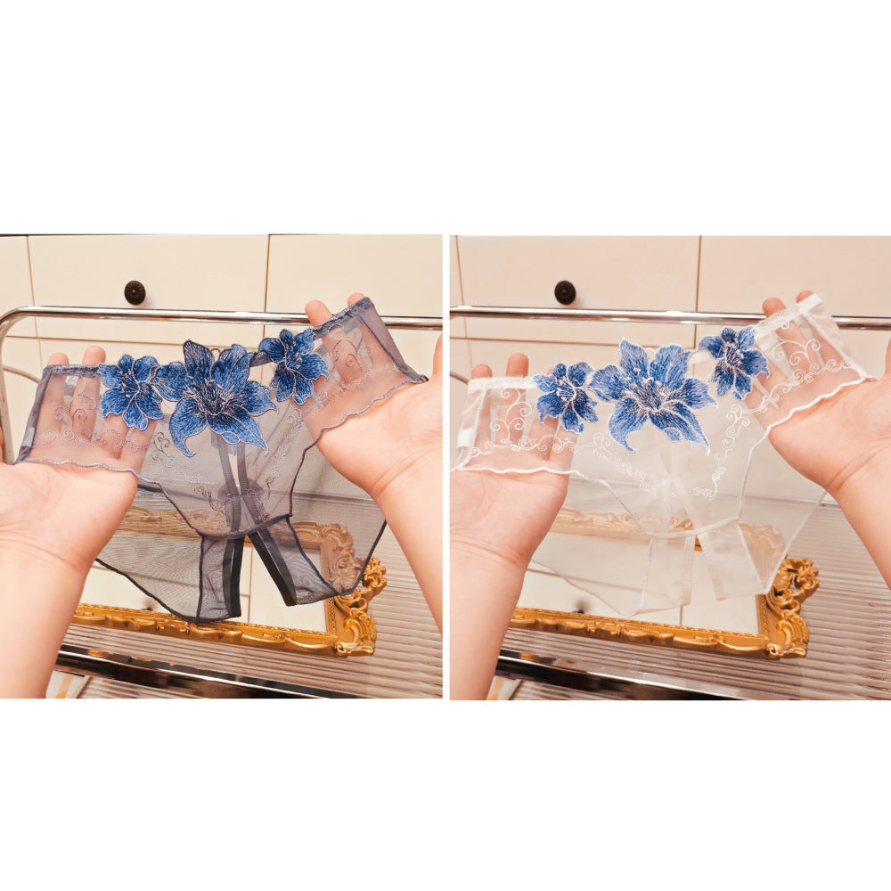 Image of A dropshipping summer thin embroidery hollow open mesh transparent sexy underwear women’s traceless low-waisted new